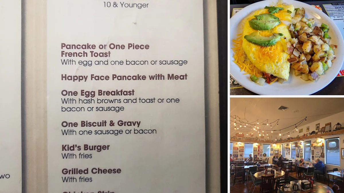 Breakfast plates on a diner table.